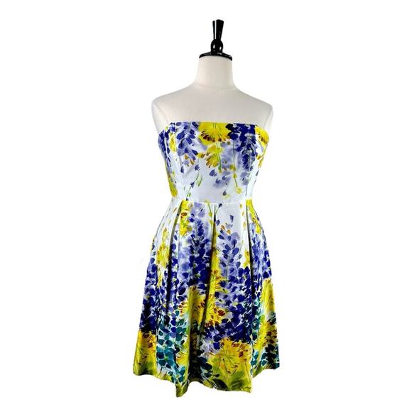 Muse Strapless Fit Flare Dress Pockets Yellow Purple Floral Women’s Plus Size 14 - Picture 1 of 14